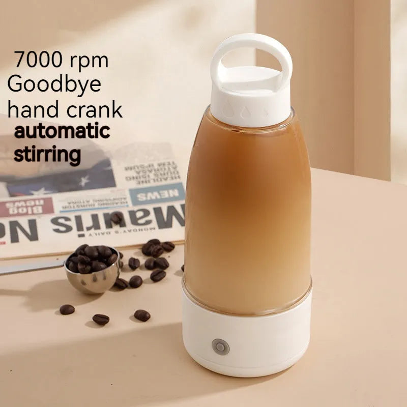Automatic electric shaker bottle with USB charging port and handle in green, pink, and white colours