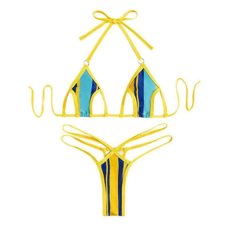 Yellow women's halter neck bikini with backless design and high-waist shorts on a neutral background.