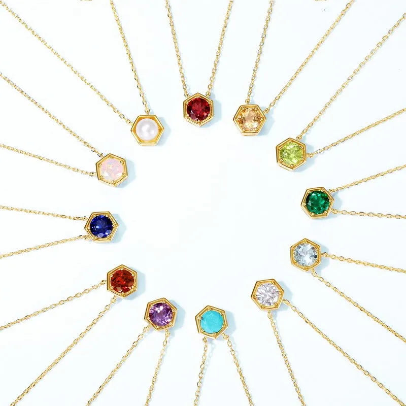 Gold-plated 925 silver birthstone necklace with hexagon pendant and cross chain