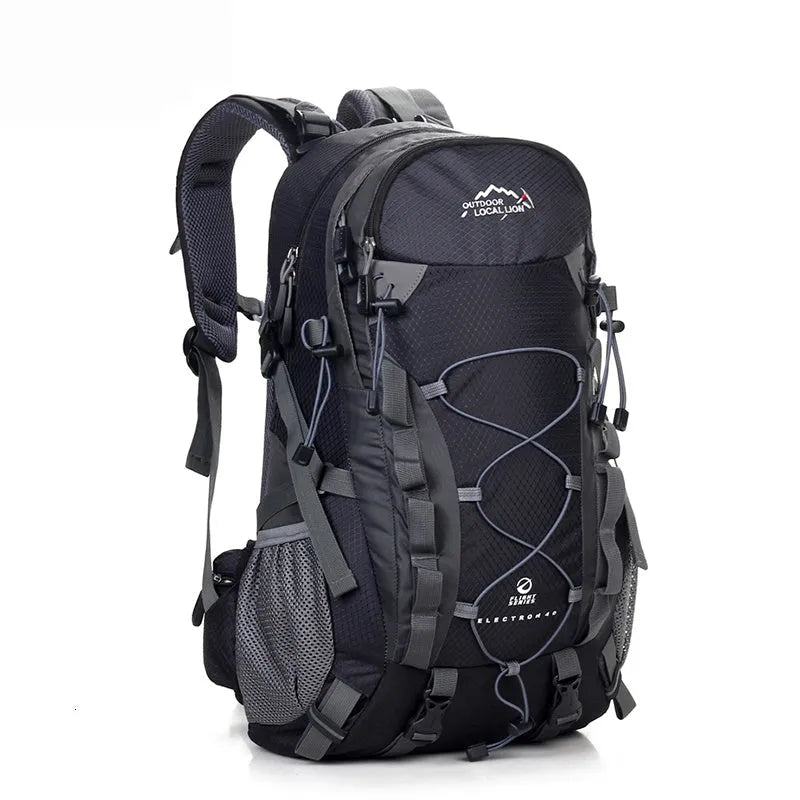 Green outdoor backpack with 32cm width shown alongside blue, black, and orange colour options for hiking and camping