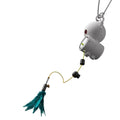 White plastic hanging retractable cat toy with feather attachment for indoor cat play