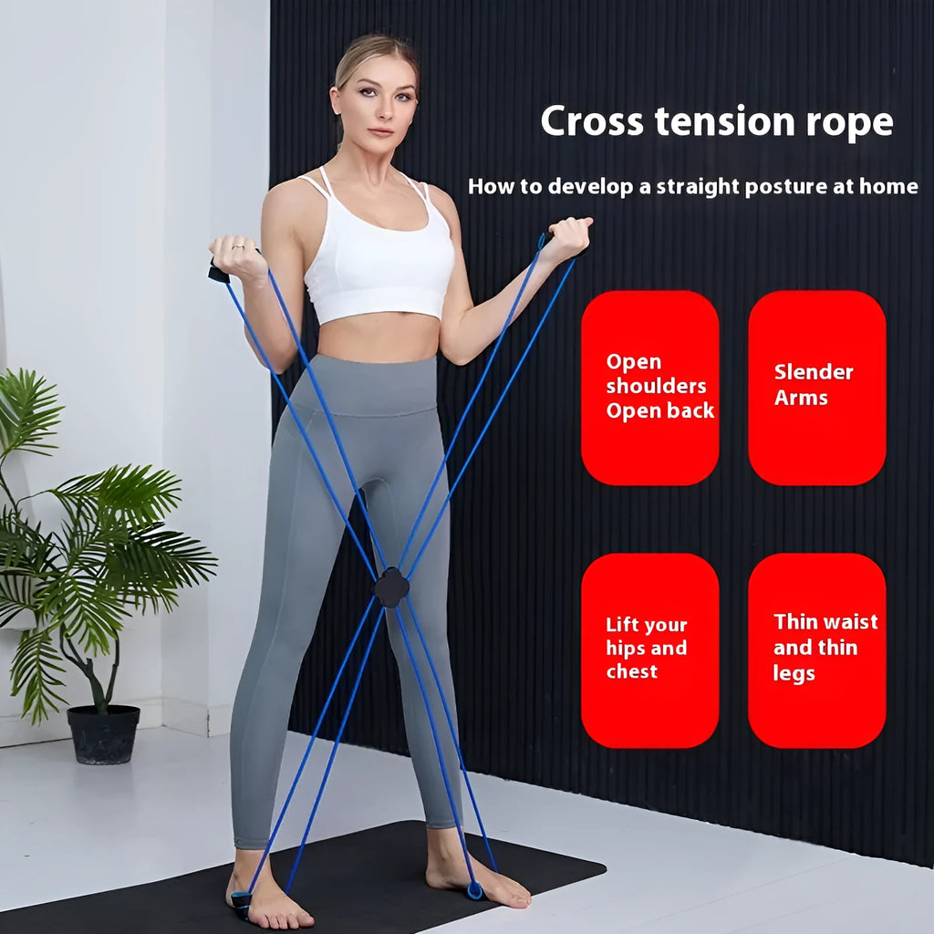 Blue eight-character shoulder puller resistance band with cross-tension device for female fitness training