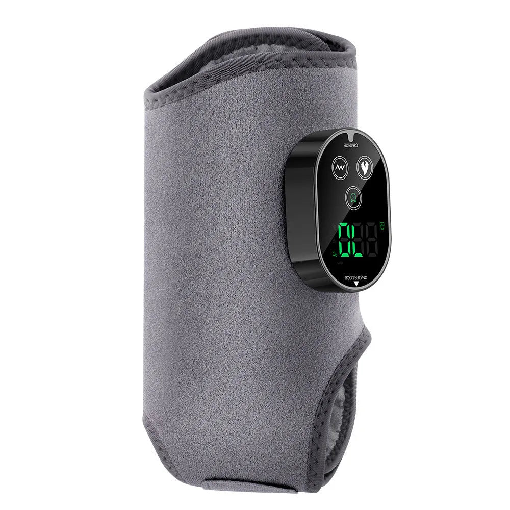 Portable hot compress vibration foot massager in grey or black, neoprene and ABS, 46 x 32 cm, 3000 mAh battery.