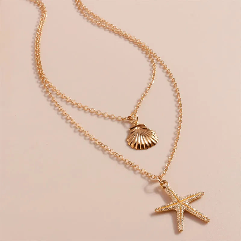 Double-layer gold necklace with shell pendant on alloy chain, fashion OL style for women