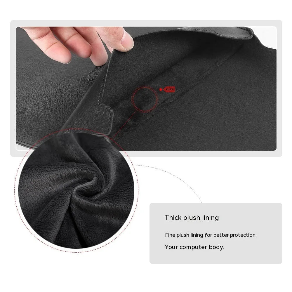 Faux leather laptop protective sleeve in black, with plush interior, for 10.12 inch universal laptops