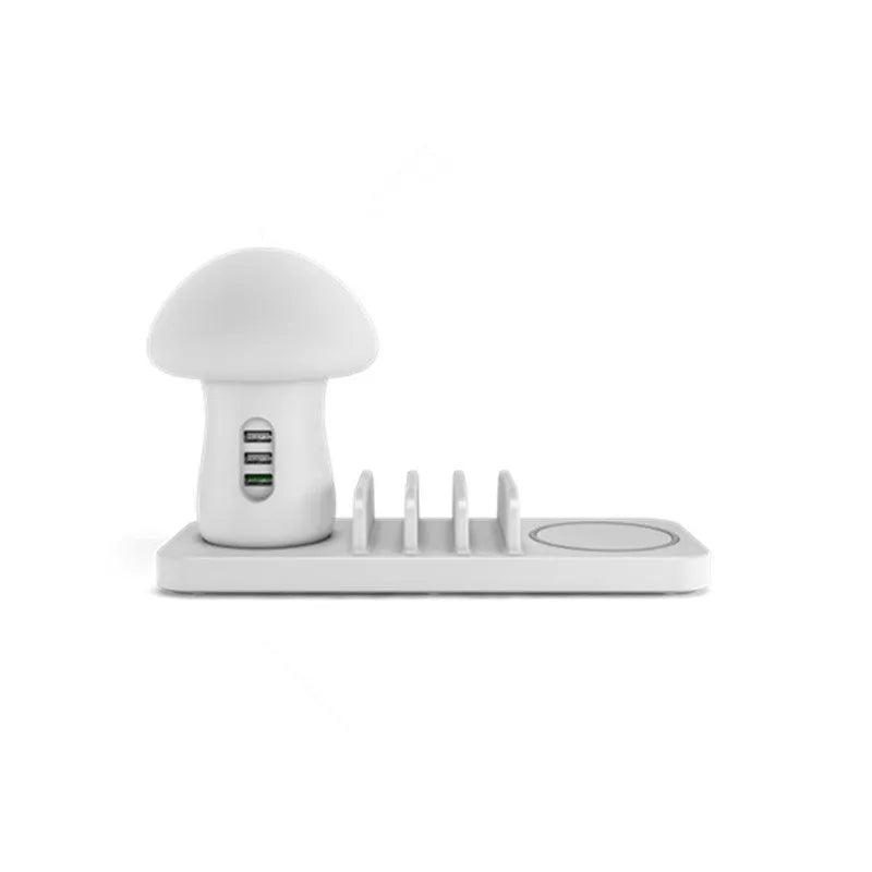 White 3-port USB charger bracket with wireless charging pad and LED desk lamp, QC 3.0 fast charging base