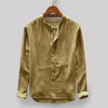 Men's solid colour casual shirt in a cotton-linen fabric, shown on a hanger.
