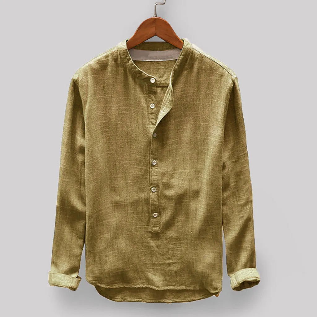 Men's solid colour casual shirt in a cotton-linen fabric, shown on a hanger.