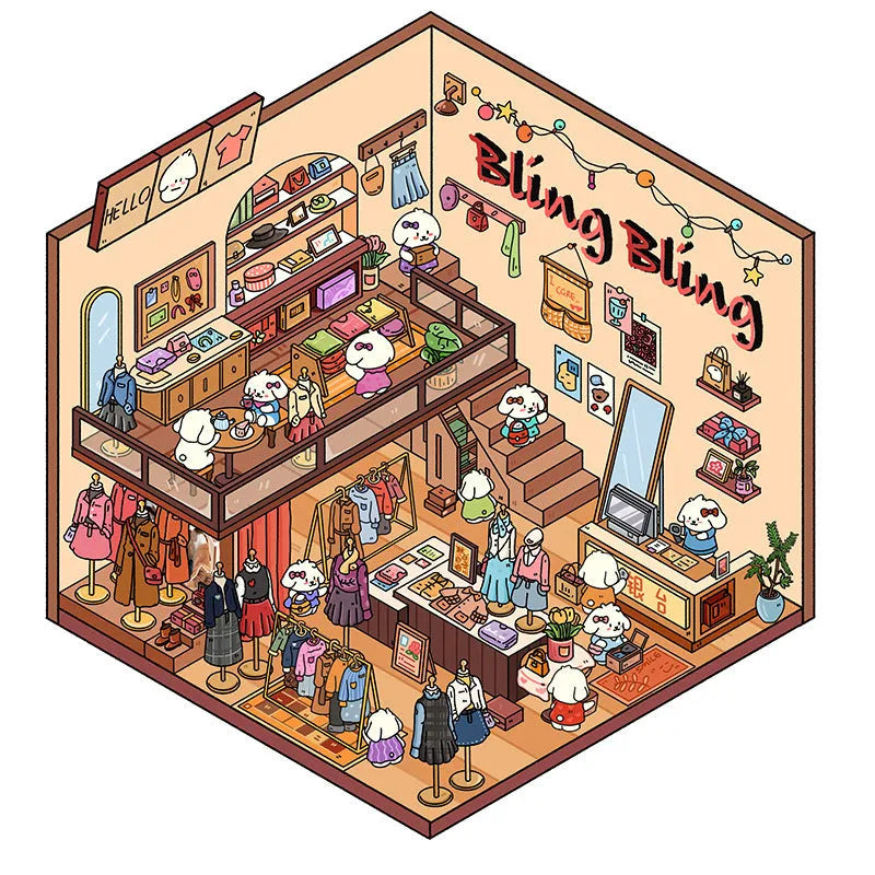 Set of four Korean-style 3D miniature scene stickers featuring brome puppy Bobo in clothing store, flower shop, hot pot restaurant, and Christmas themes