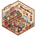 Set of four Korean-style 3D miniature scene stickers featuring brome puppy Bobo in clothing store, flower shop, hot pot restaurant, and Christmas themes