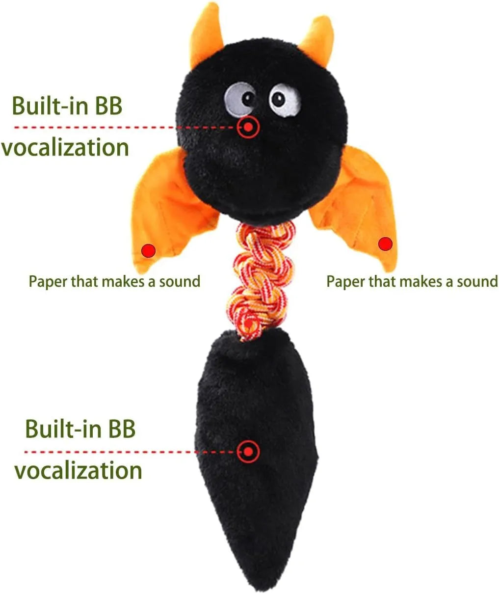 Large black plush dog toy with a rope knot, showing cartoon shape and soft texture.