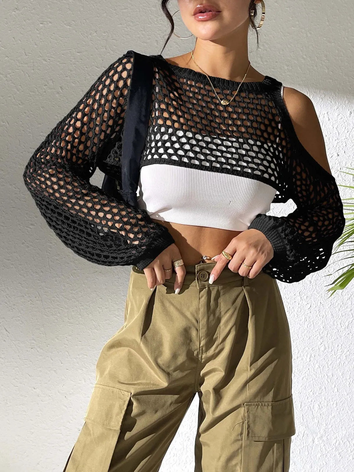Beachwear mesh shirt with hollowed navel design in Army Green colour