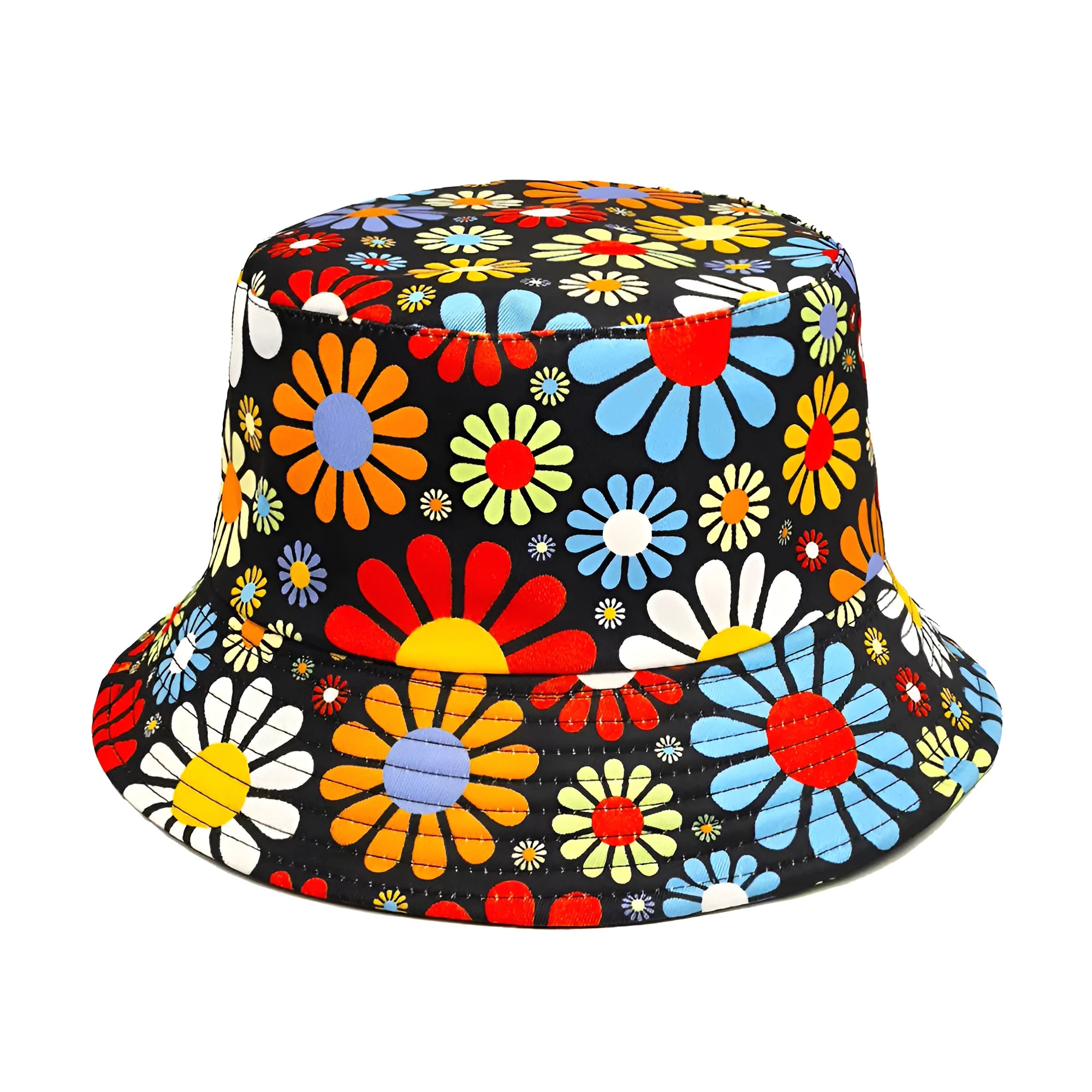 Colourful flower print polyester bucket hat with dome crown for sun protection