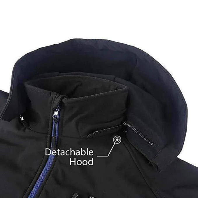 Black USB heating winter coat for men with zipper pockets and long sleeves