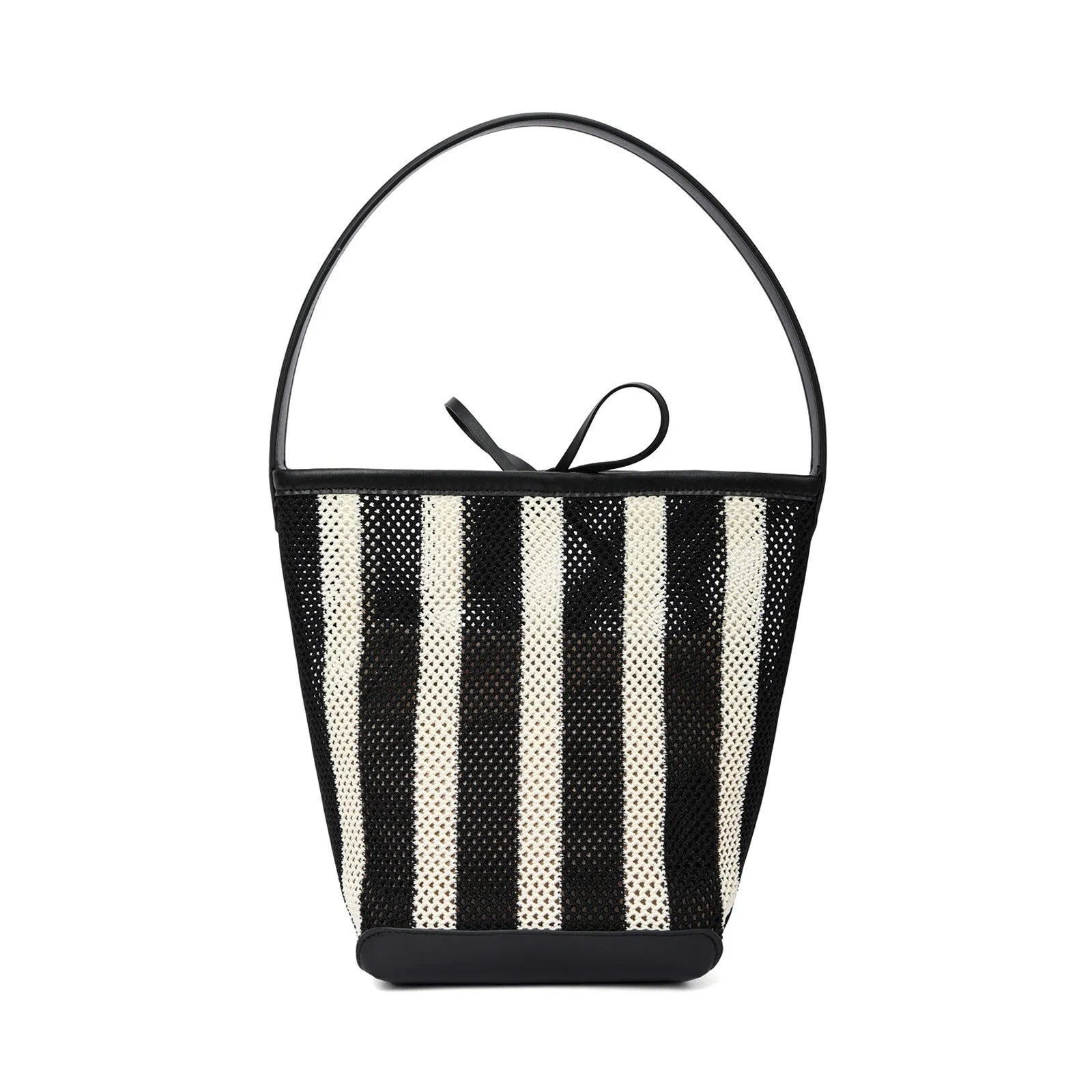 Black and white striped woven fabric women's bucket shoulder bag