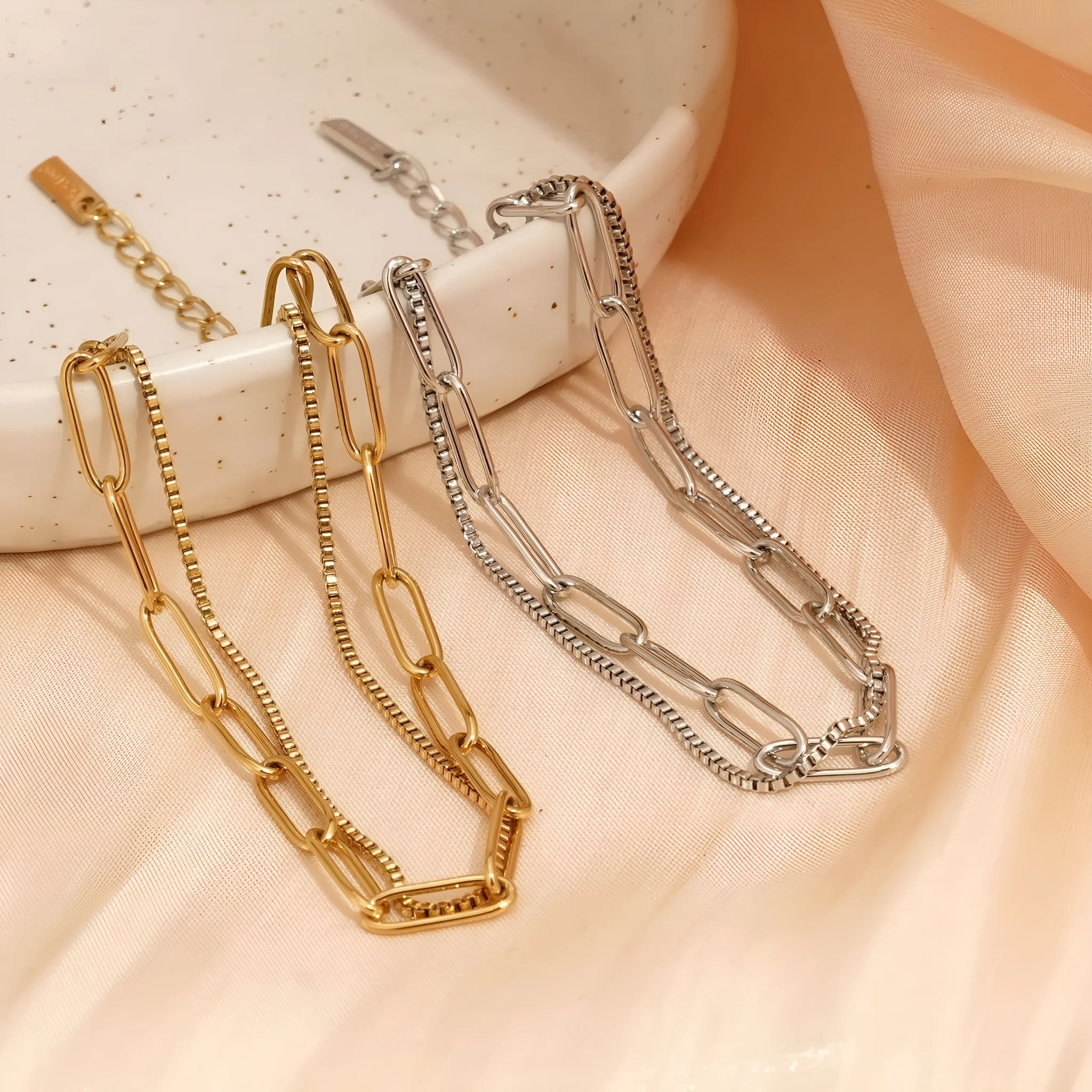 Women's double layer titanium steel bracelet with geometric design in gold or silver electroplated finish