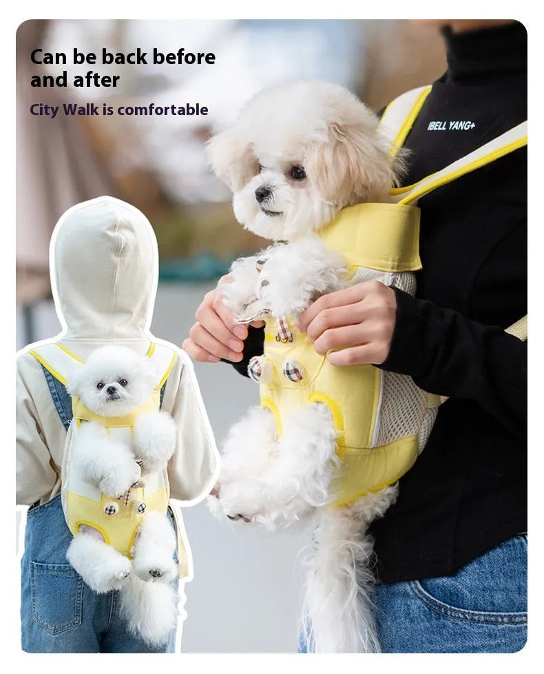 Cartoon cute chest bag pet carrier in canvas with colourful stitching patterns and adjustable sizing