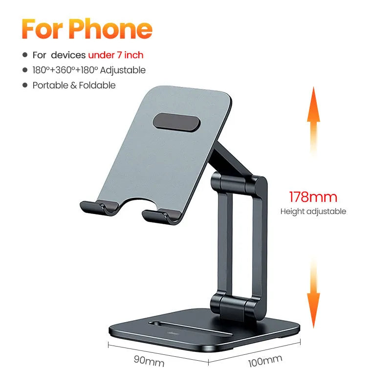 Deep space grey aluminium alloy folding stand holding a tablet and mobile phone separately