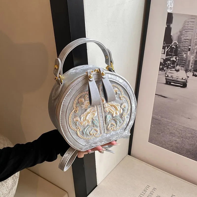 Chinese embroidery shoulder messenger bag in soft PU with horizontal square shape and zipped inner pocket