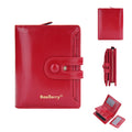 Women's PU leather card holder wallet shown in available colours including black, white, blue, red, green, brown, pink and orange