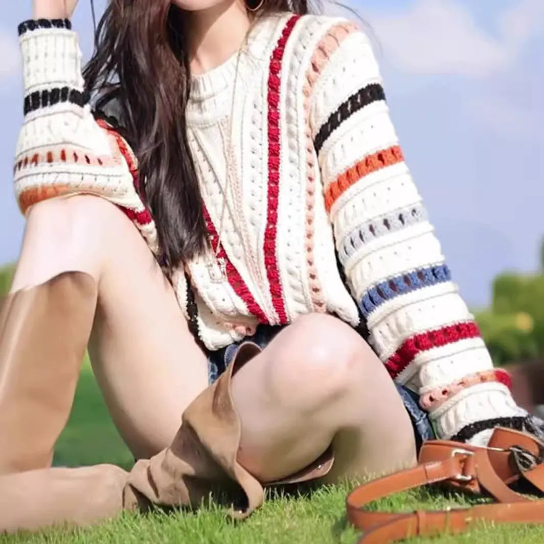 Retro rainbow striped cashmere blend sweater with batwing sleeves and round neck