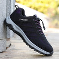 Breathable mesh walking shoes for men and women with widened sole in light gray purple colour, side view