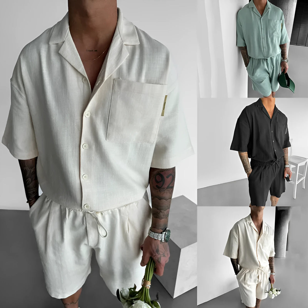 Men's casual polo collar short sleeve shirt and shorts suit in polyester fibre, apricot colour, front view