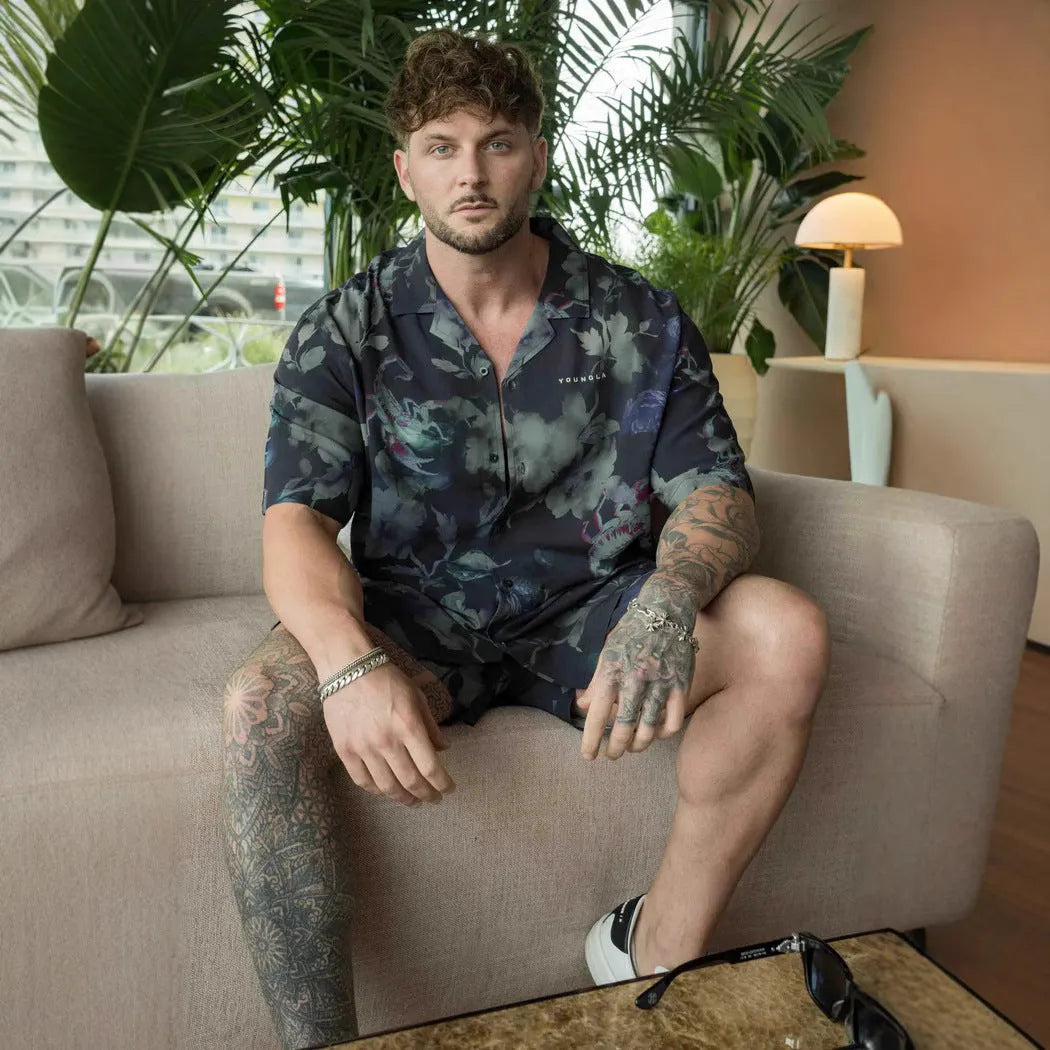 Men's casual loose short sleeve top with printed floral pattern in neutral colour