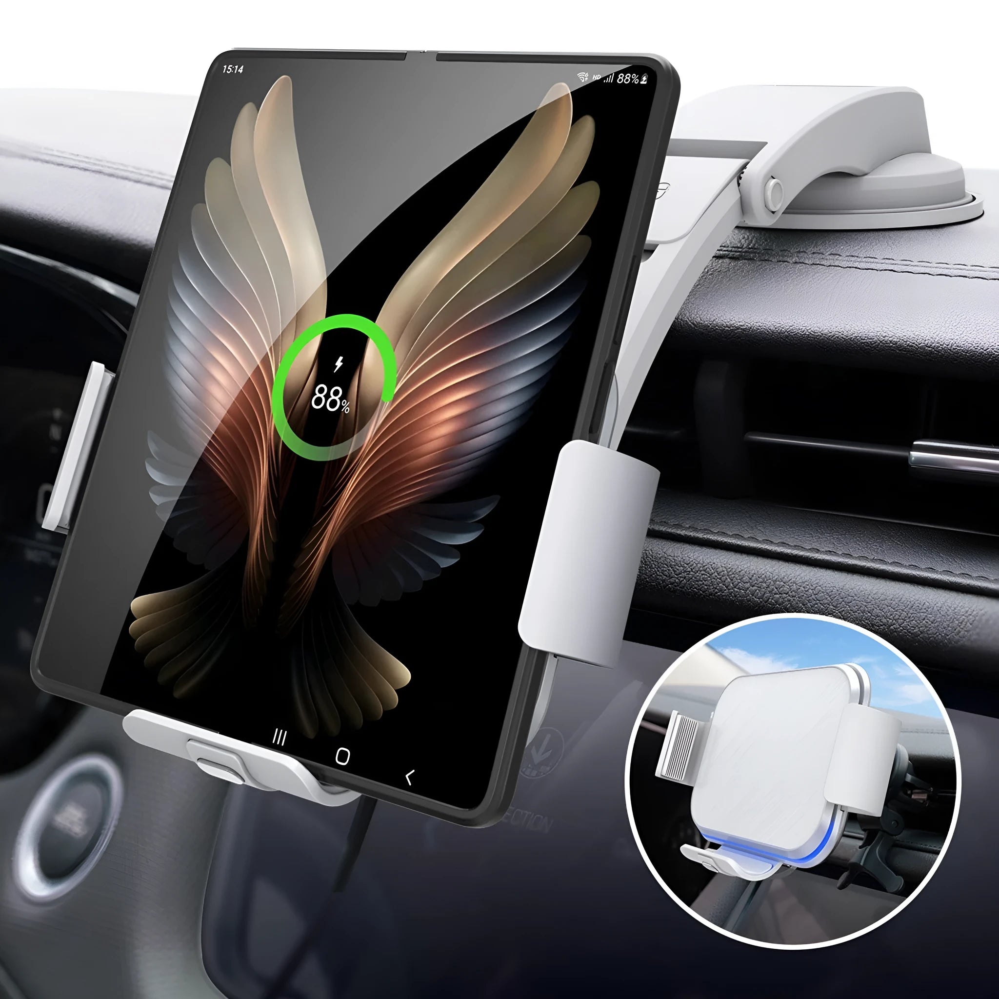 Grey folding screen car phone holder with wireless charging showing air conditioner clip and suction cup mounting options