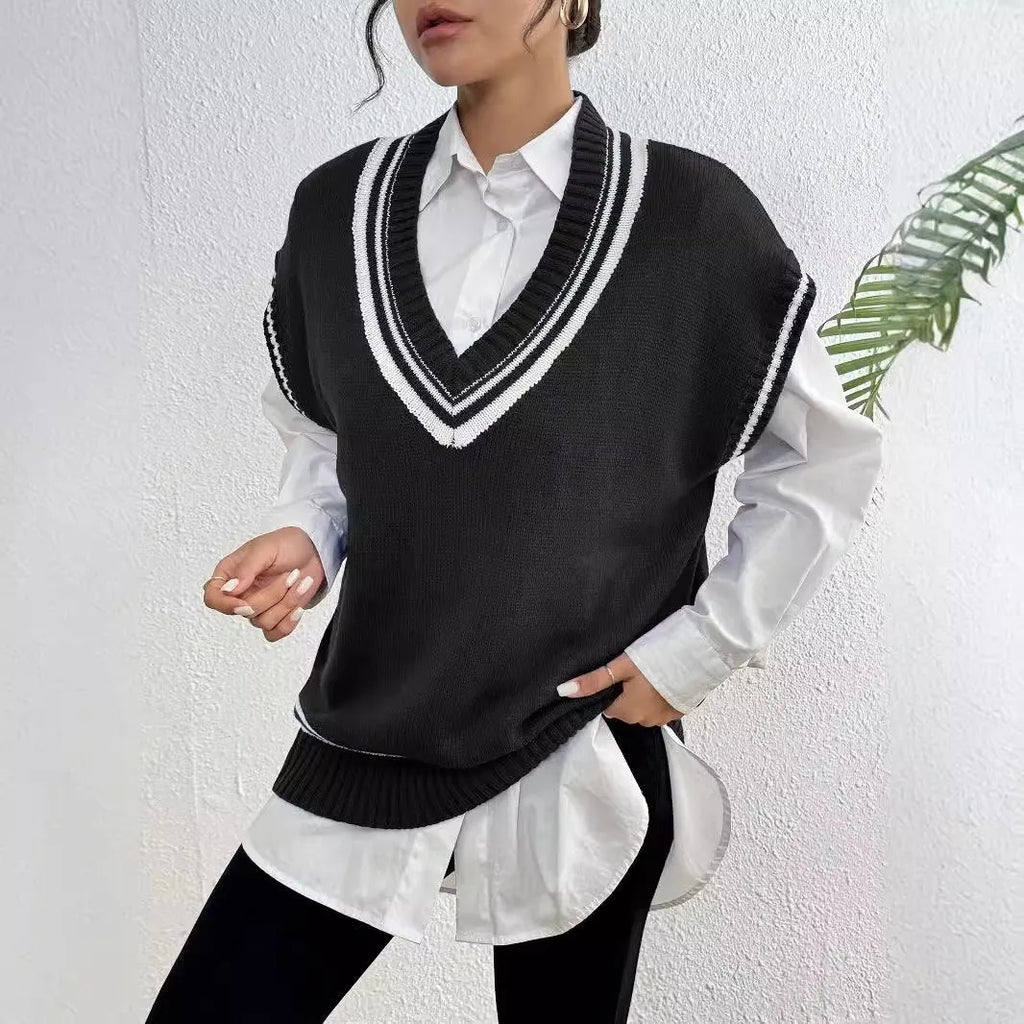 Women's college style acrylic blend sweater vest in loose pullover design