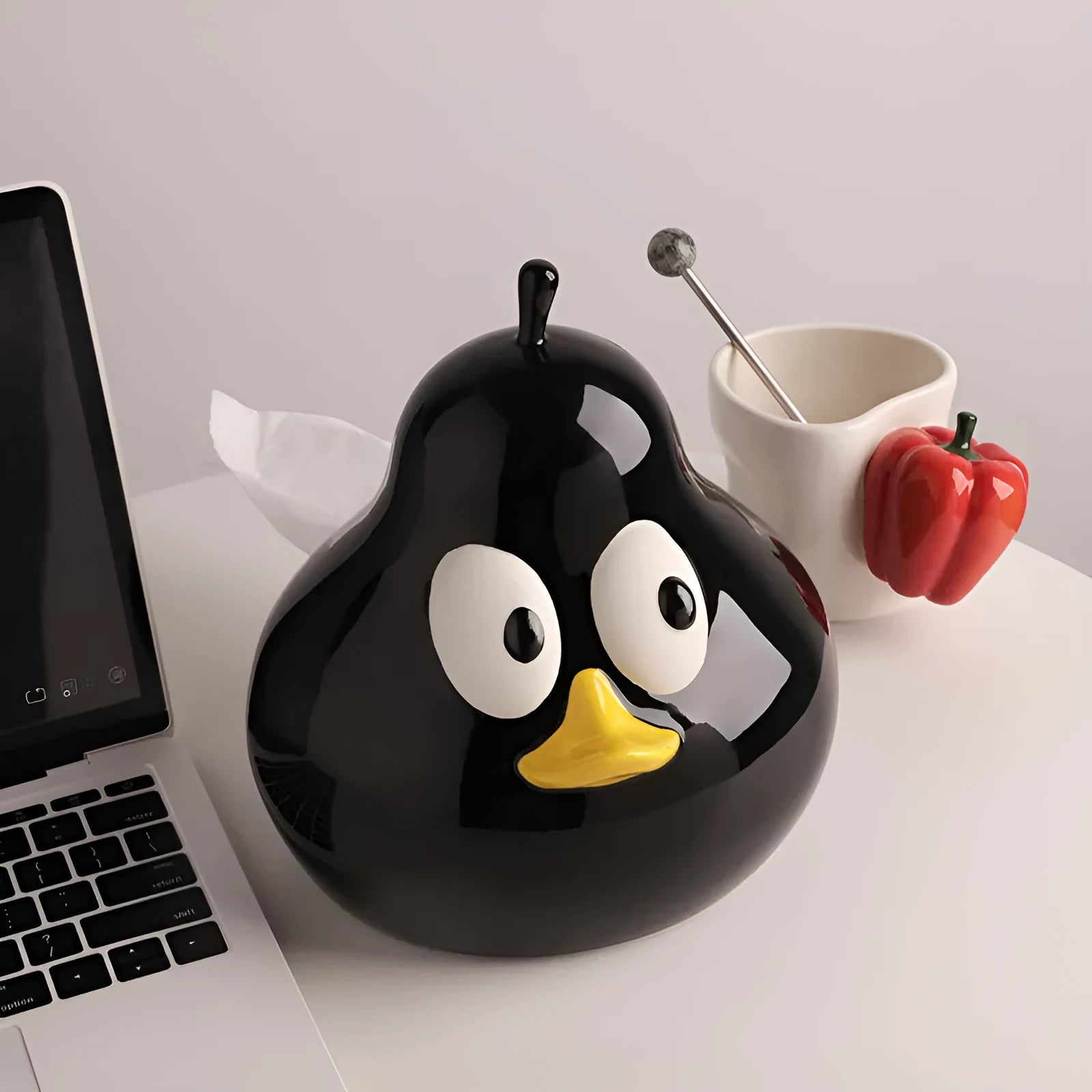 White porcelain ceramic pear-shaped tissue box with animal style design in green or black colour options