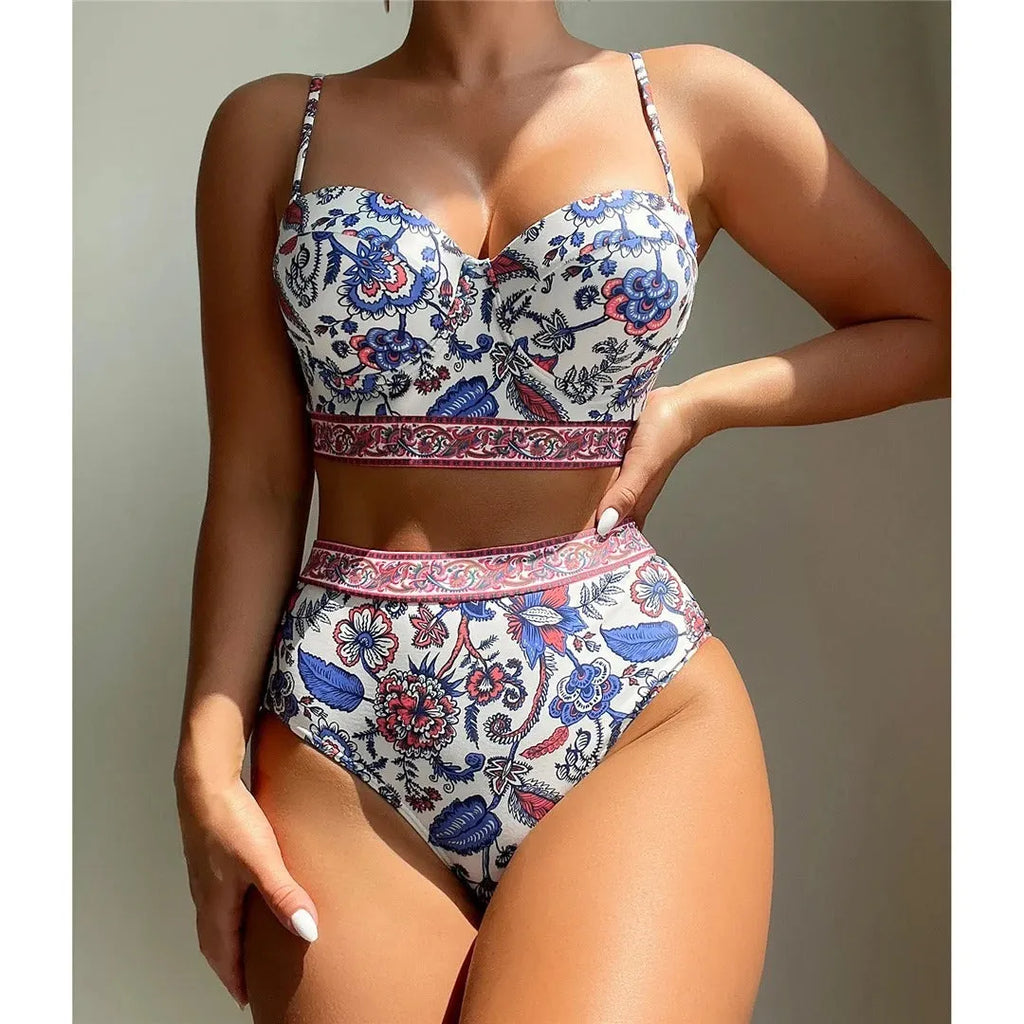 Blue women's high waist push-up bikini swimsuit made from polyester fabric