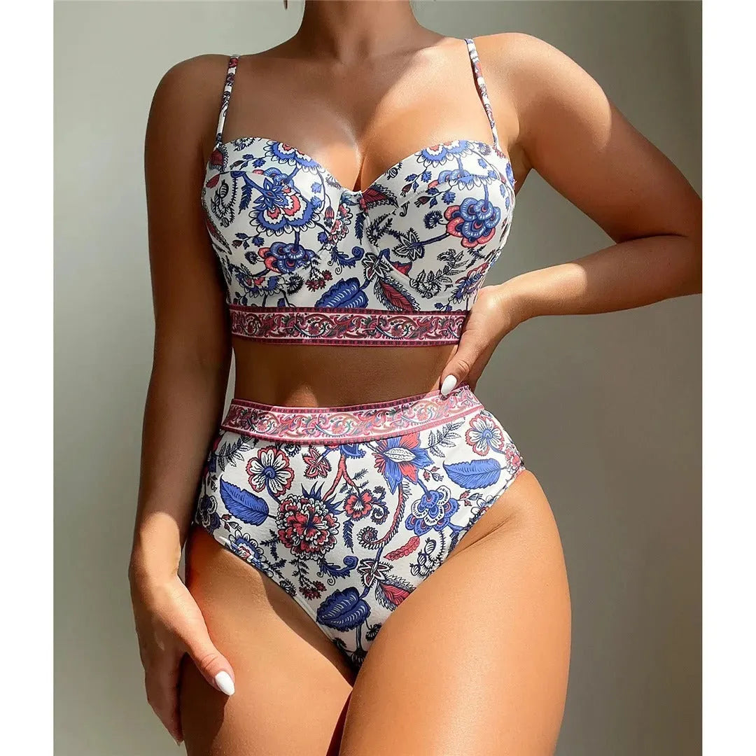 Blue women's high waist push-up bikini swimsuit made from polyester fabric