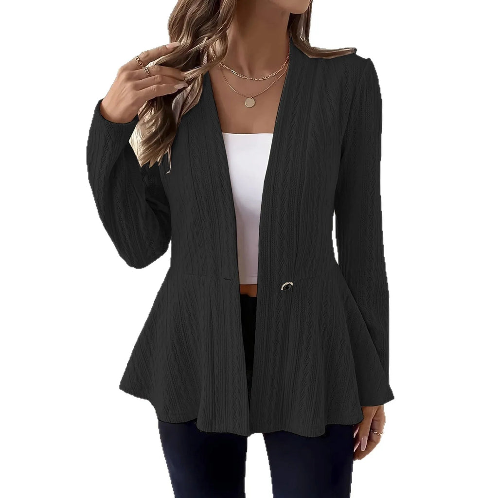 Women's apricot knitted cardigan with jacquard pattern and one-button closure showing front view