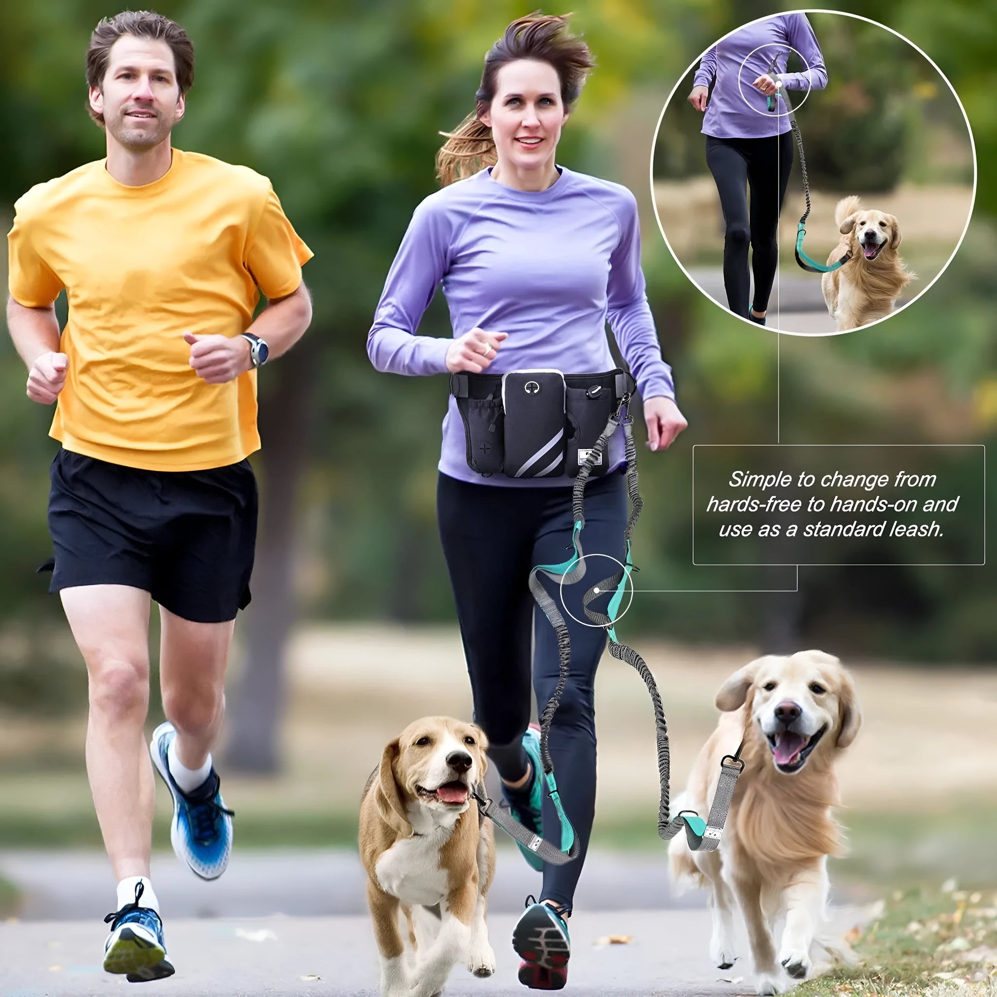 Black nylon dog walking set with waist bag and leash for outdoor use