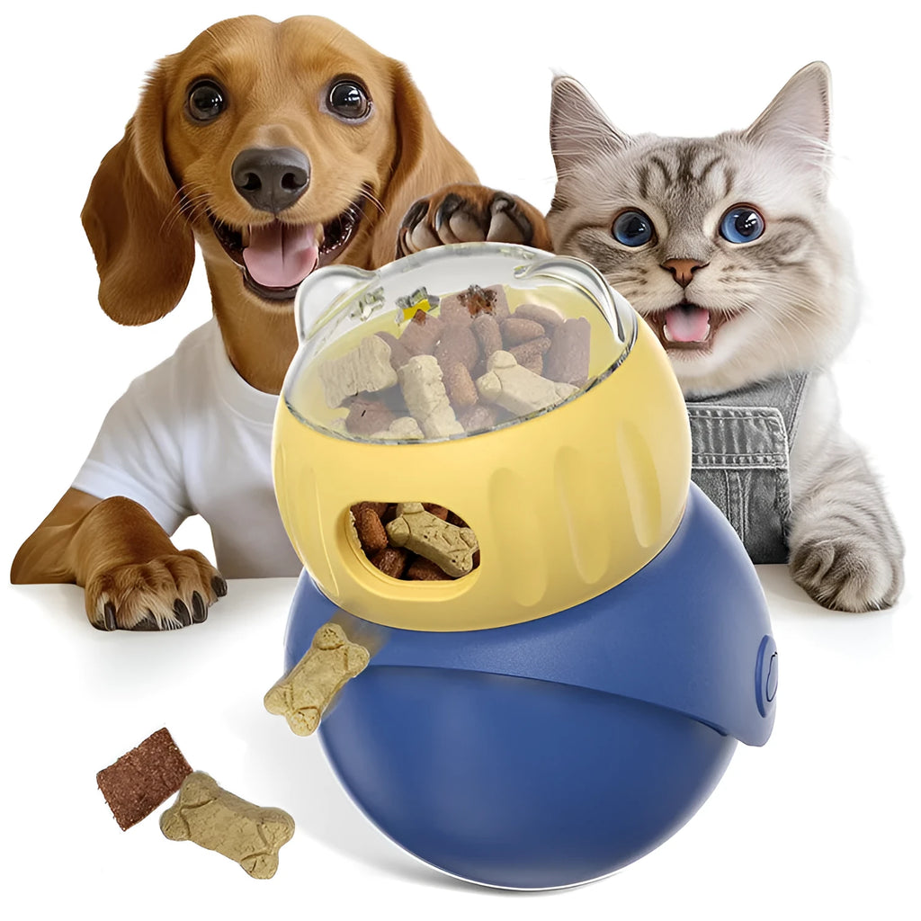 Owl-shaped plastic self-service food leakage puzzle cat toy feeder in Morandi yellow and blue colour options