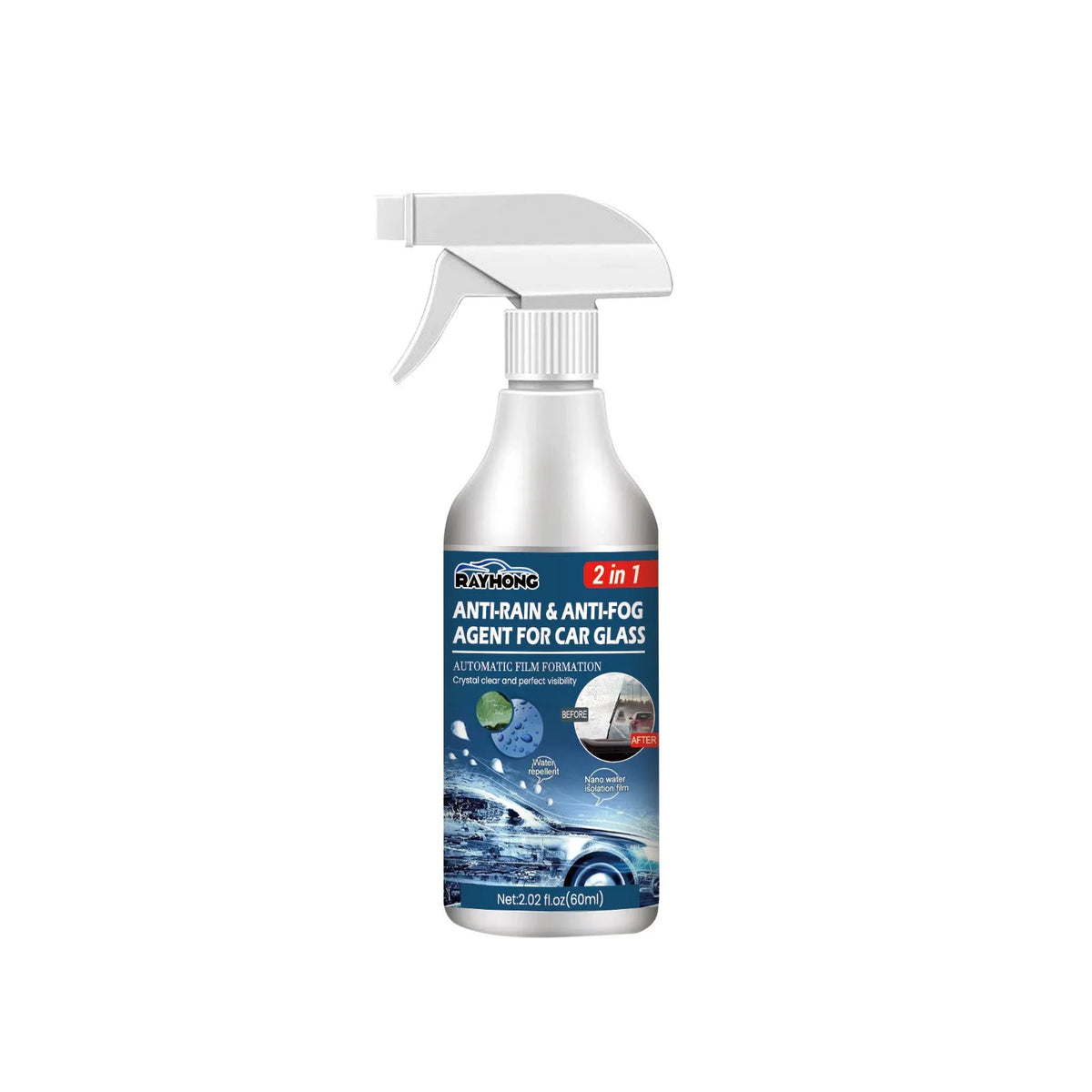 60ml car glass rain repellent spray in PET bottle measuring 14 x 8.7 x 3.5cm
