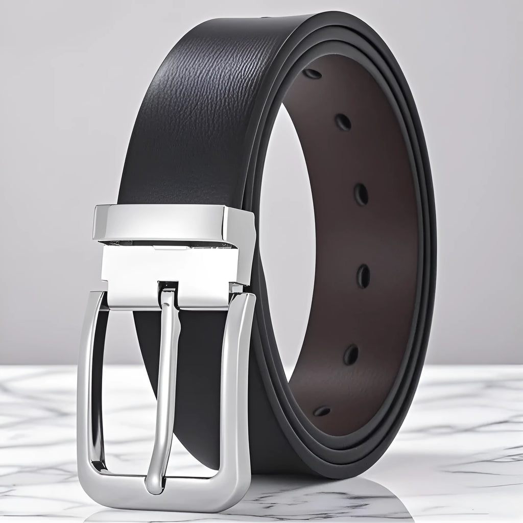 Men's genuine leather belt with alloy pin buckle, 3.3cm width, embossed finish, water drop pattern