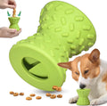 Interactive bone-shaped dog toy with treat dispensing holes in blue, green and purple colours