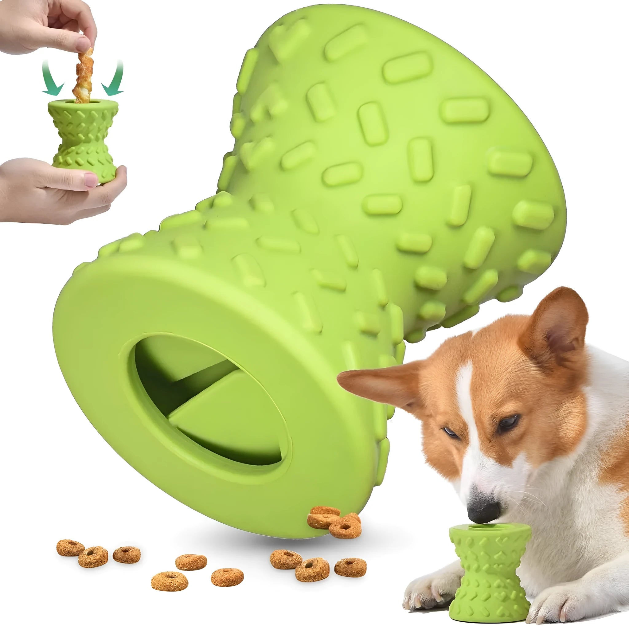 Interactive bone-shaped dog toy with treat dispensing holes in blue, green and purple colours