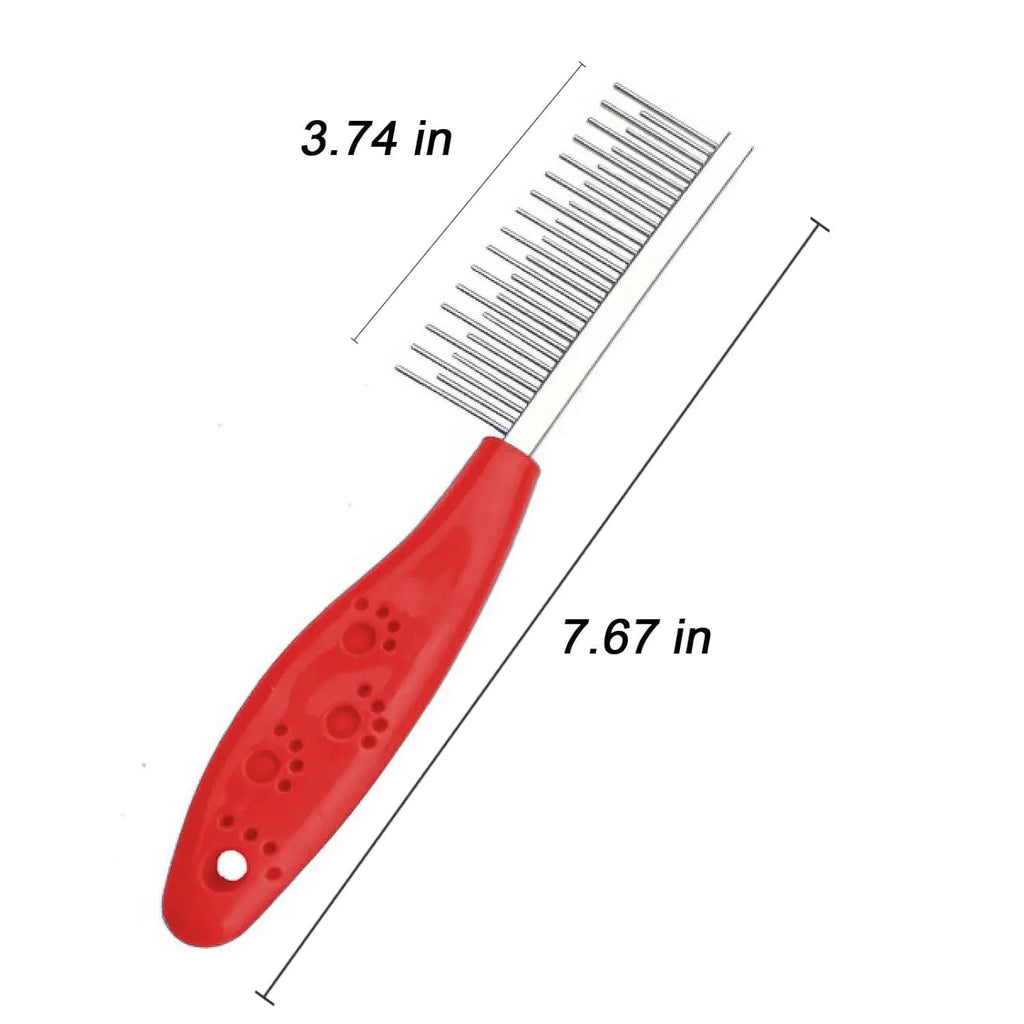 Red pet grooming comb with long and short stainless steel teeth and a plastic handle
