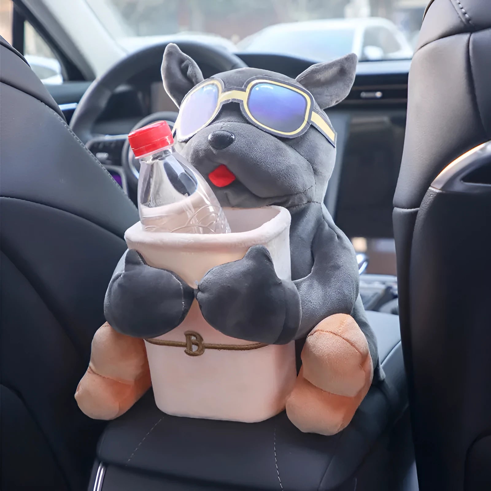 Plush fabric car tissue box hanging from vehicle armrest with dog-themed design options