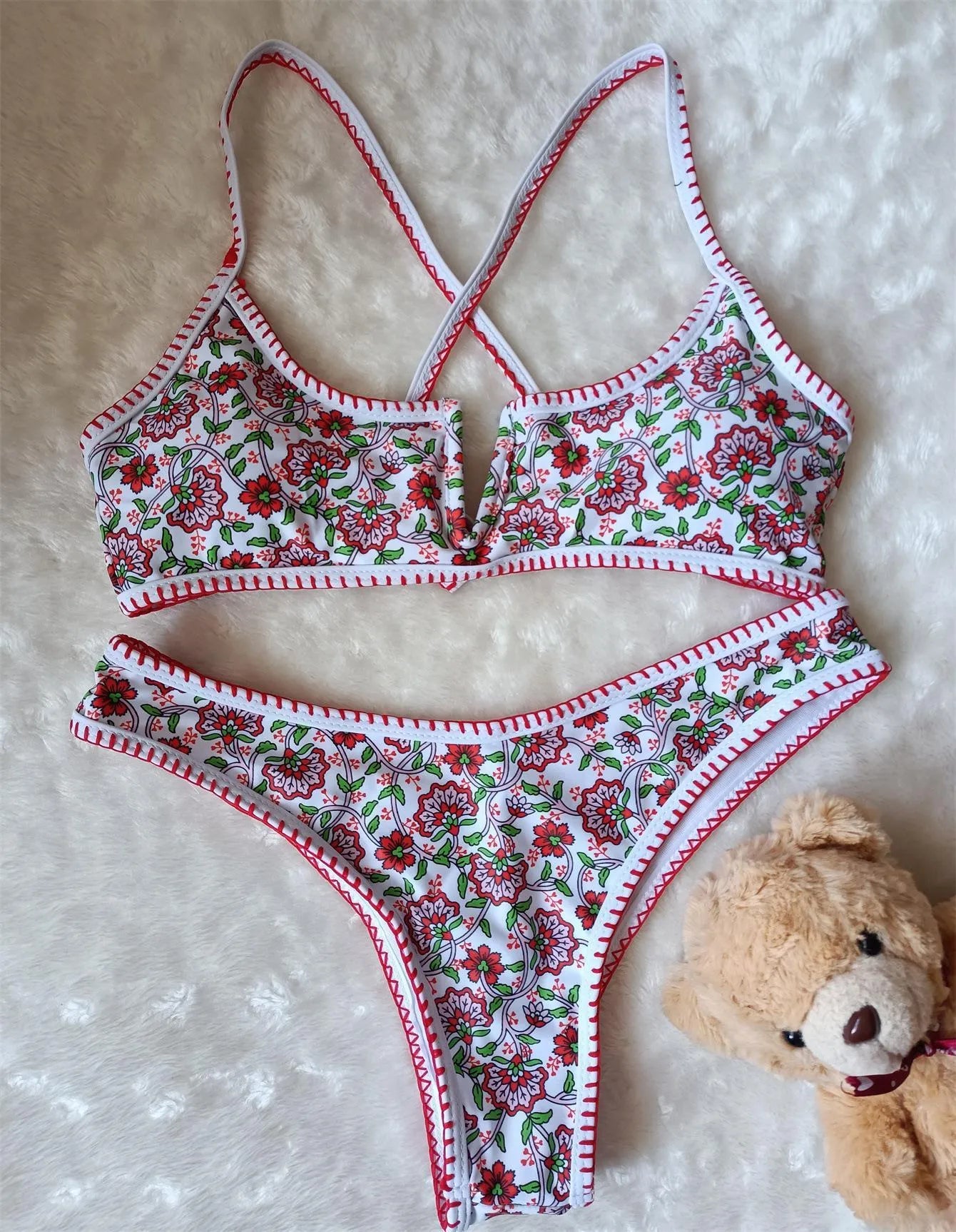 Women's V-neck floral embroidery printed swimsuit briefs in polyester fabric