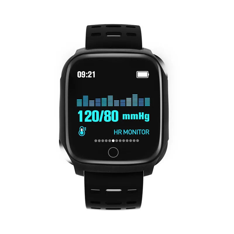 F16 smart watch with ECG monitor on a silicone strap, showing the 43mm IPS display in a black and grey colour option.