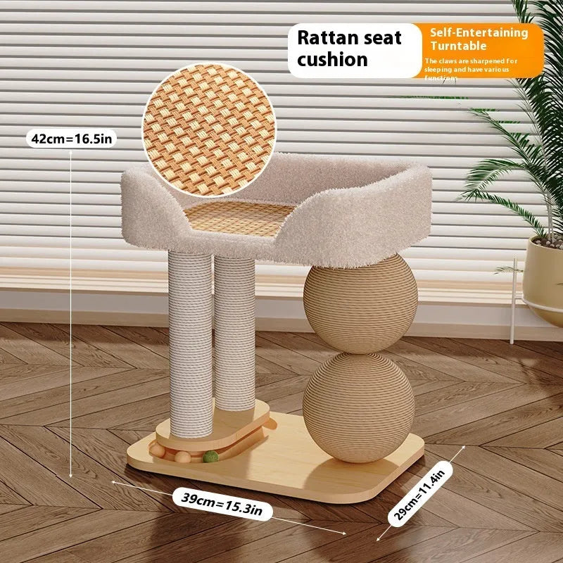 Pine wood cat bed with two sisal-wrapped scratching posts and dual ball toppers