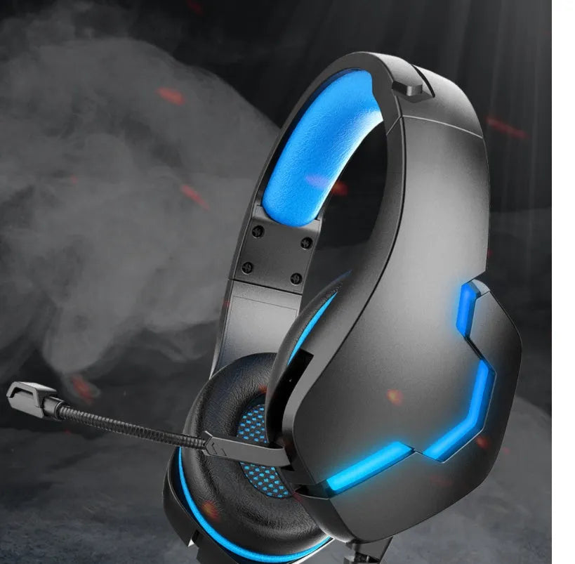 J10 3.5mm wired gaming headset with microphone and LED lights in blue