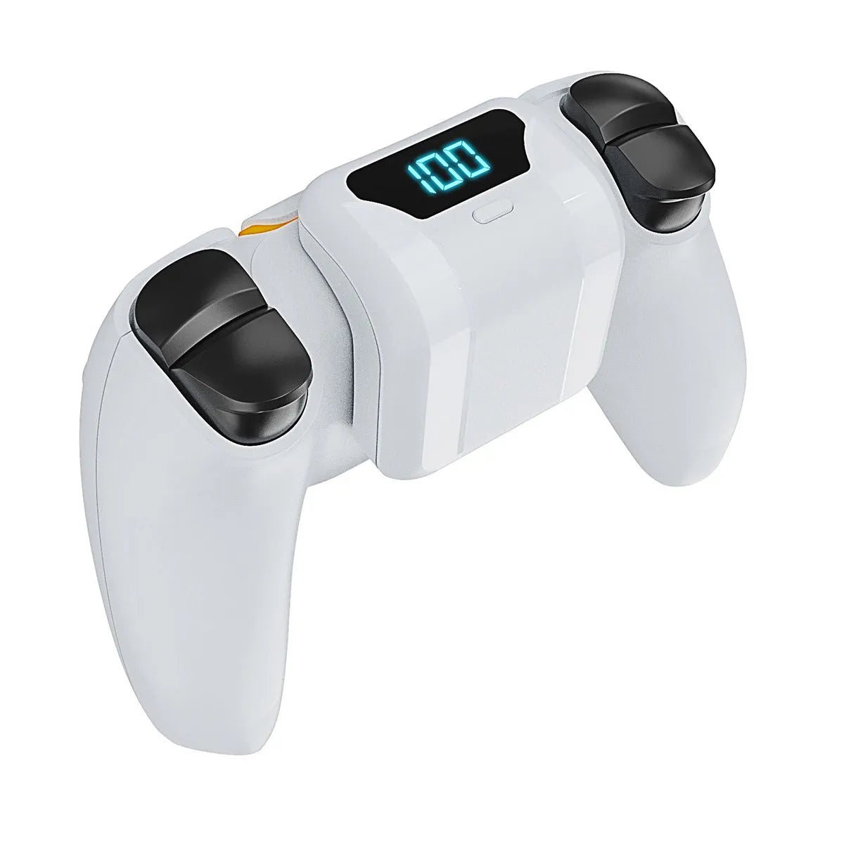 PS5 controller with white 1500mAh battery pack attached to back, LED display visible