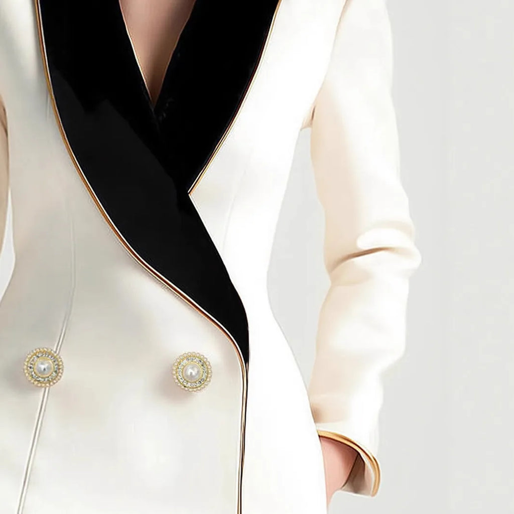 Women's milky white irregular cut long sleeve coat with golden pearl buttons on a hanger.