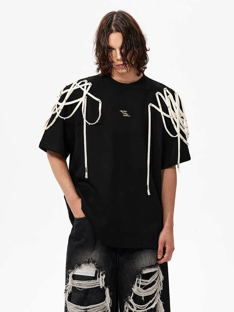 Black loose fit women's T-shirt with rivet ribbon padded shoulder detail and short sleeves