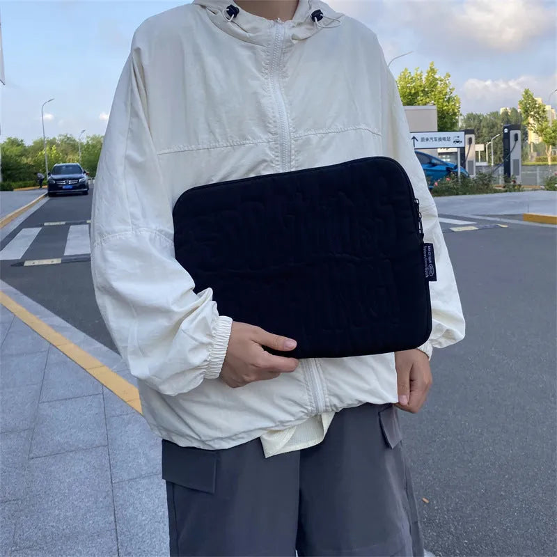 Embroidered silk laptop tablet liner bag in black, ultra-light shockproof design for 15-15.6 inch devices